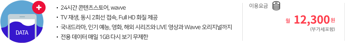 24시간 콘텐츠스토어, wavve | TV 재생, 동시 2회선 접속, Full HD 화질 제공 | 국내드라마, 인기 예능, 영화, 해외 시리즈와 LIVE 영상과 Wavve 오리지널까지 | 전용 데이터 매일 1GB 다시 보기 무제한 | 이용요금 월12,300원(부가세포함)
