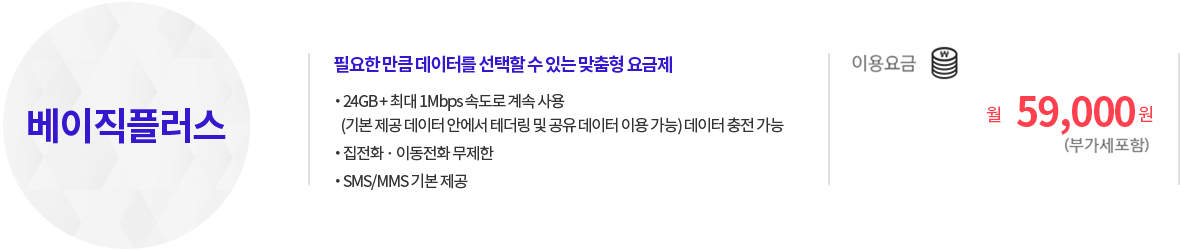 베이직플러스 : 필요한 만큼 데이터를 선택할 수 있는 맞춤형 요금제 | 24GB + 최대 1Mbps 속도로 계속 사용(기본 제공 데이터 안에서 테더링 및 공유 데이터 이용 가능) | 집전화 · 이동전화 무제한 | SMS/MMS 기본 제공 | 이용요금 : 월 59,000원(부가세포함)